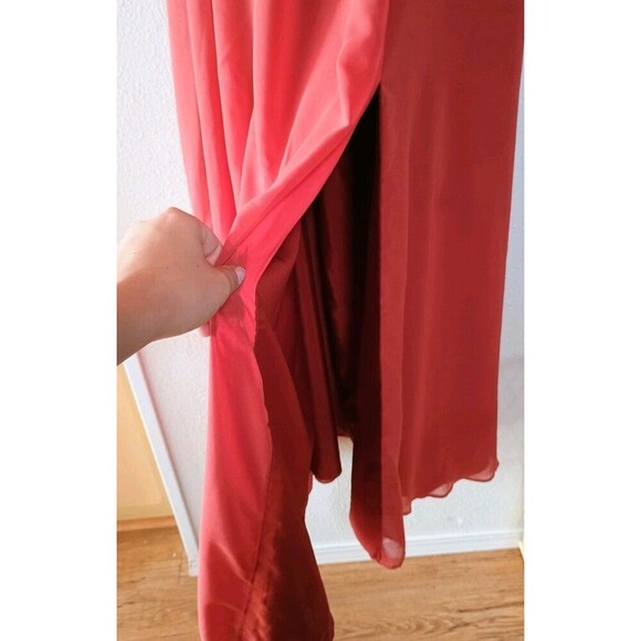 Azazie Bridesmaid Dress Red/Orange Skirt Side Slit Sleeveless Straps - Picture 2 of 9